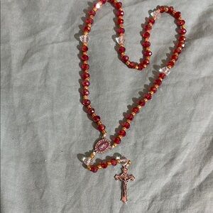 Elegant Red Beaded Rosary Necklace